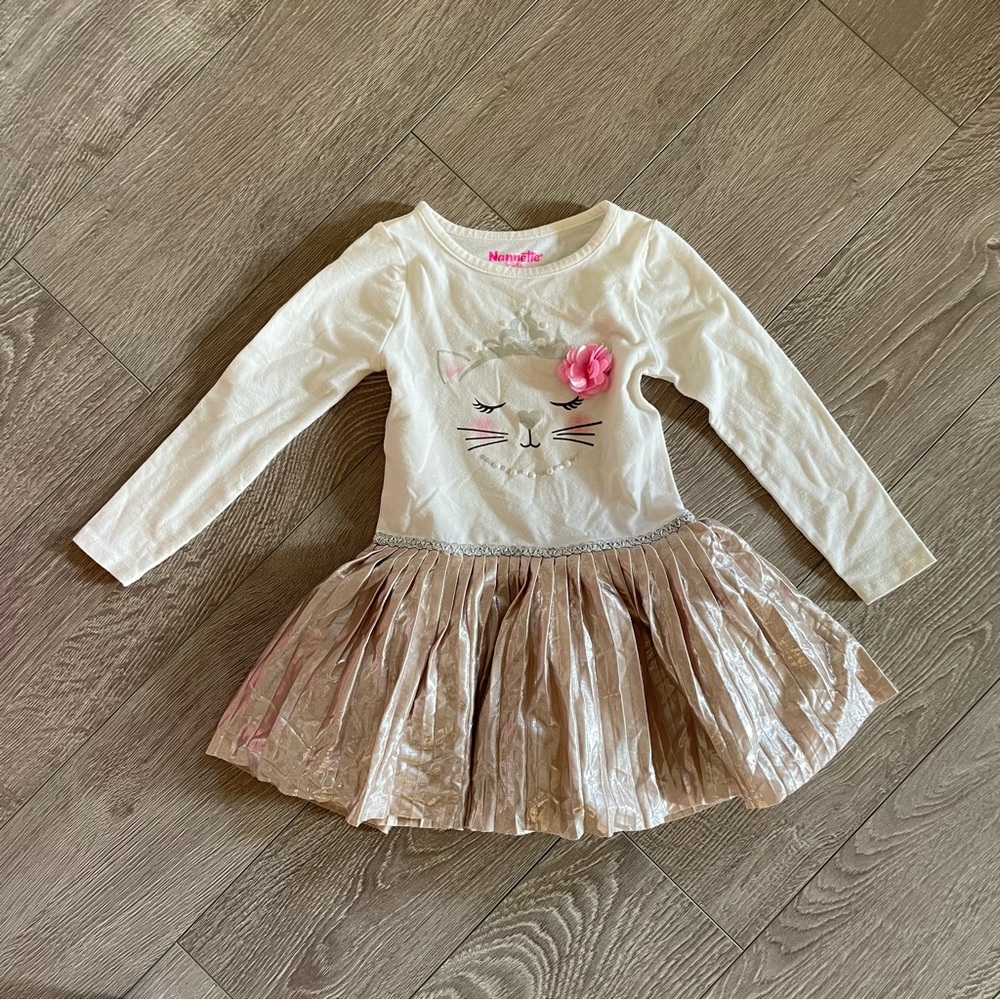 Princess Kitten with Crown White Long Sleeves Gold Tutu Dress Size 4